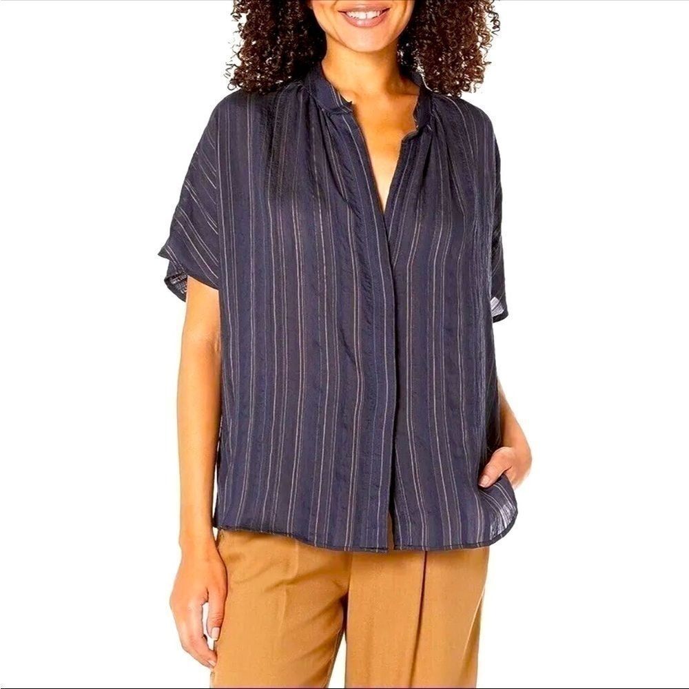 Vince Stripe Split Neck Coastal Navy Blue Blouse Medium‌‌